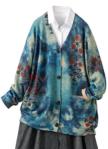 Image of YESNO Women Cardigans Knitted Graphic Long Sleeve Jumpers V-Neck Button Sweaters Tops with Pockets L S01TYP3UK CR135