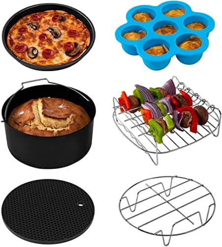 Image of COSORI Air Fryer Accessories Set, Fit All of Brands 5.5 L, Pack of 6 Including Cake Pan/Pizza Pan/Metal Holder/Multi-Purpose Rack with Skewers/Silicone Mat/Egg Bites Mold with Lid