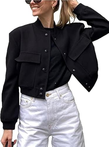 Image of TANMESSO Casual Women's Cropped Bomber Jacket - Button Down Varsity Shacket with Pockets (black,M,M,Regular,Regular)