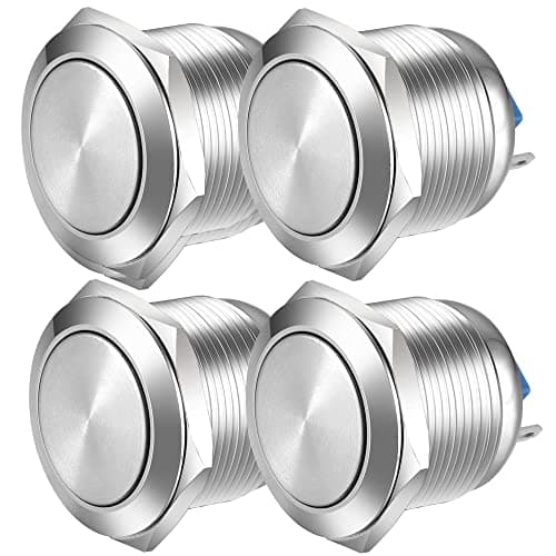 Image of Gebildet 19mm Flat Head SPST Momentary Push Button Waterproof, Self-reset Stainless Steel Metal Push Button Switch, Solder Pin Terminals DC 6V/12V/36V/48V,AC 110V/230V 3A 1NO