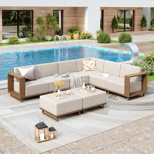 Image of PHI VILLA Rattan Garden Furiture Sets 8 Seater, L shaped Corner Sofa Balcony Convervatory Modular Furniture with 2 Ottoman, Thickened Cushions and Pillows for Backyard Porch, Beige,