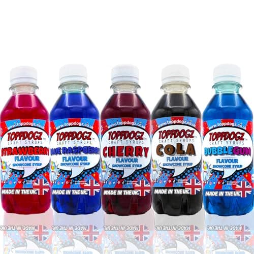 Image of ToppDogz Ninja Slushi Syrup for Slush Puppy Machine, Snowcones|Glycerol Free|Top 5 pack|Blue Raspberry, Strawberry, Cherry, Cola, Blue Bubblegum 5 x 250ml slushy slushie