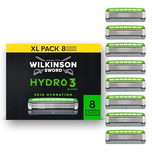 Image of Wilkinson Sword Hydro 3 Razors Blade for Men, Dual Lubrication, Carbon Coated Blades, Men's Shaver Refill Pack, 8 Razor Refills