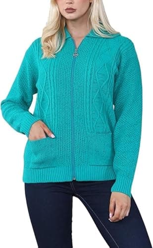 Image of Womens Zipped Cable Knit Long Sleeve Collar Cardigan, Ladies Classic Chunky Winter Knitwear Zip Through Fasten with Pockets Pullover Jumper Top Zipper UK Plus Size 8-22, Jade green-16-18