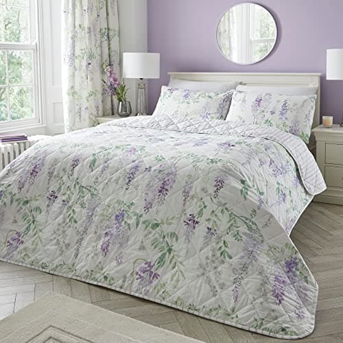 Image of Dreams & Drapes - Purple Wisteria Bedspread (230cm X 200cm) - Soft Touch - Purple Floral Quilted Bedspreads - Lavender Floral Blanket/Bed Cover for Bed - Matching Duvet Cover & Curtains Available