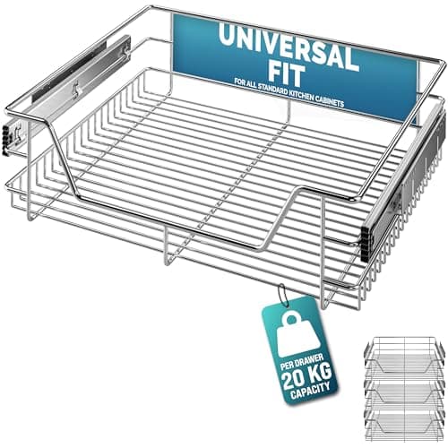 Image of CASARIA® 3x Pull Out Telescopic Kitchen Drawer | For 60cm Units - 56cm Internal Cabinet Dimensions | Chrome-Plated | 20kg Load Capacity | Basket Shelf Organiser Storage Space Saving