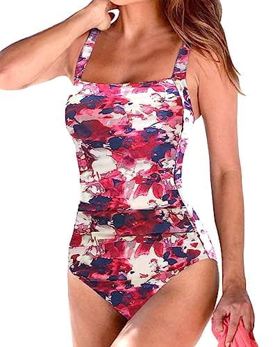 Image of Husmeu Women's Vintage Padded Push up One Piece Swimsuits Tummy Control Bathing Suits Swimwear Pink Floral XL