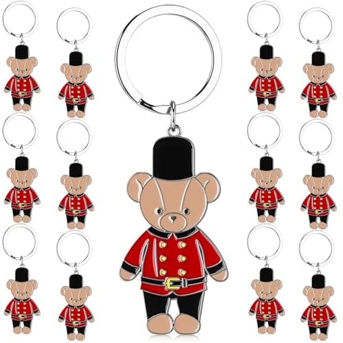 Image of Equsion 12 Pcs London Guardsman Bear Keychains with British Flag Pendant London Souvenir Gifts British Cultural Icons for Christmas Stocking Stuffer Decoration Ornaments Prize