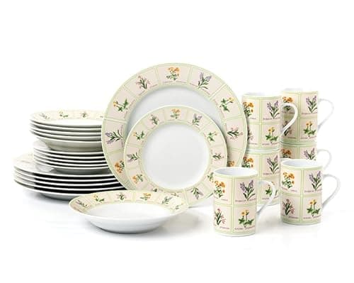 Image of Waterside 24pc British Wild Flowers Porcelain Dinner Set; 6 Dinner Plates, Side Plates, Soup Bowls & Mugs - Dishwasher & Microwave Safe