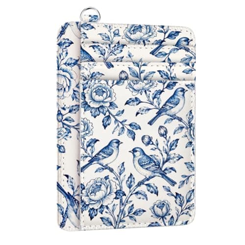 Image of peacoblue Credit Card Holder for Women - Blue Flowers with Birds PU Leather Slim Wallet with ID Window, 6 Card Slots, and Cash Pocket - Perfect for Travel and Gifts