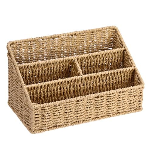 Image of BSTKEY Paper Rope Desk Organizer Magazine Mail Sorter with 4 Compartments, Hand-woven Desktop Stationery Holder Remote Control Storage Basket for Home Office