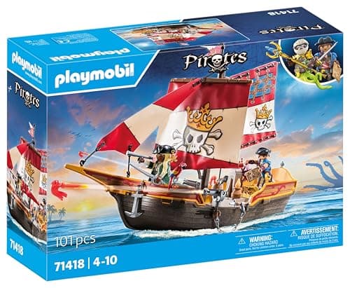 Image of Playmobil 71418 Pirates: Small Pirate Vessel, exciting adventures on the high seas, complete with extensive accessories, fun imaginative role-play, playsets suitable for children ages 4+