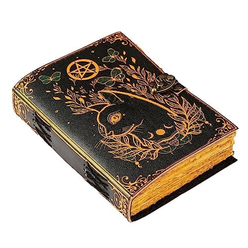 Image of Blank Spell Book of Shadows Journal Little Witch Cat Printed Witchcraft Supplies Wiccan Notebook Handmade Vintage Deckle Paper Grimoire Journal Leather Sketchbook, Drawing Journal (7 X 5)