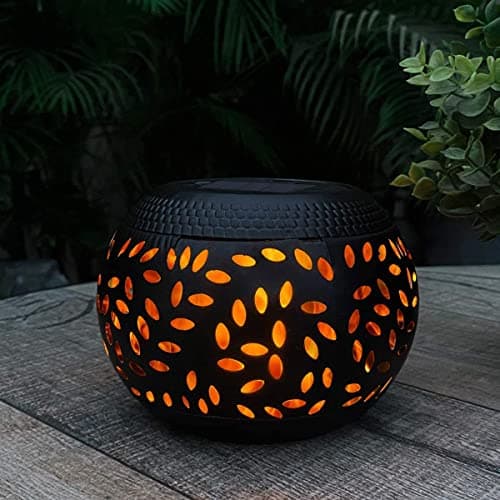 Image of Pearlstar Vintage Metal Solar Light Table Lantern with Realistic Flickering Flame LED Decorative Outdoor Lamp - Waterproof Flame Effect - Black