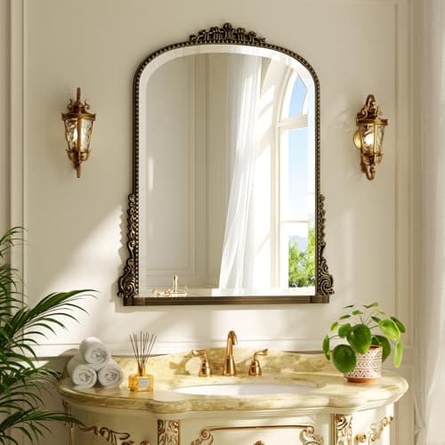 Image of Koonmi Arch Mirror with Beaded Ring 60x80 cm – Bathroom Mirror for Above Sink, Wall Decoration with Metal Frame for Entrance, Bedroom and Living Room, Bronze