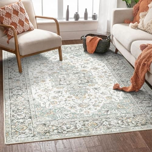 Image of Washable Rugs Living Room 120x170 cm Vintage Boho Area Rug Anti Slip Low Pile Area Rugs Classic Traditional Rug for Bedroom Dining Room Office, Beige