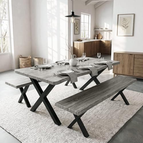 Image of Blisswood Large 160cm Dining Table with Bench Set 4–6 Seater, Industrial Wooden Kitchen Table with 2 Benches, Metal Cross Leg Frame, Faux Live Edge Top with 3D Wood Finish, Dining Set (Wooden Grey)