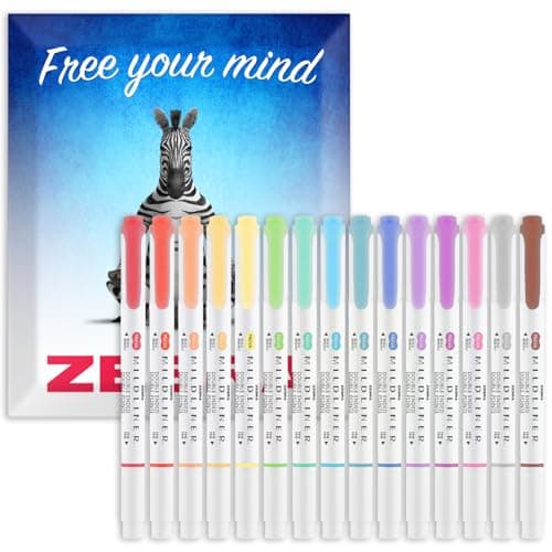 Image of Zebra Pen Mildliner Dual Tip Highlighter Pens - Broad & Fine Tip Double Ended Markers - Pack of Colours in Envelope Gift Packaging - Acid-Free & Non Toxic Ink (15 Pack)