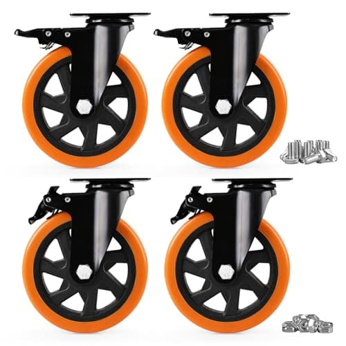 Image of Caster Wheels, Heavy Duty 150mm Casters Set of 4, Locking Swivel Casters Wheels for Cart, Furniture and Workbench, Orange