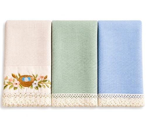 Image of ZEEZONE Tea Towels Set of 3 (67x46cm) – 100% Cotton Waffle Weave – Highly Absorbent, Lint Free & Quick Dry Dish Cloth for Home and Kitchen Decorative Bird Embroidered Design