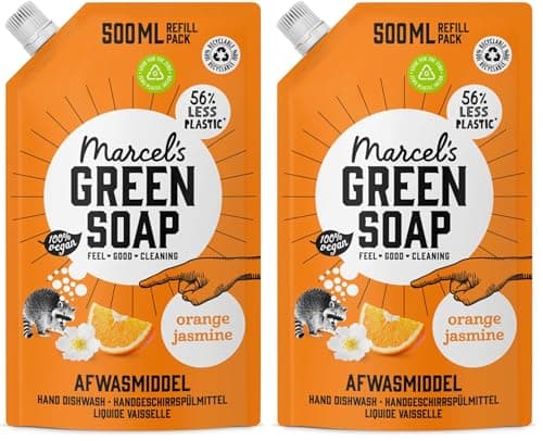 Image of Marcel's Green Soap Washing-up Liquid Refill - Orange & Jasmine - Dishwashing Liquid - Saves 56% of plastic - Vegan - 97% Biodegradable - 500 ML (Pack of 2)
