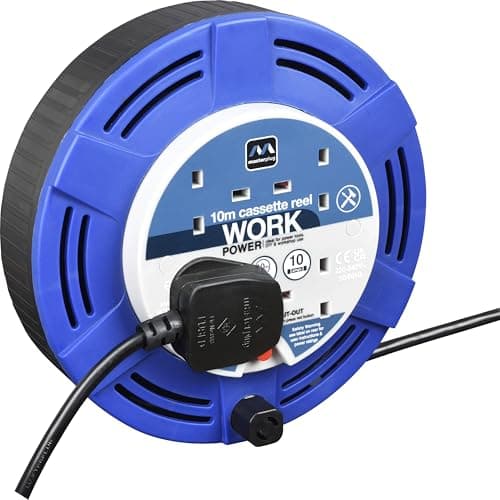 Image of Masterplug Four Socket, 10 Metre Cassette Reel, Medium Extension Lead Cable Reel, Wind-Up Retractable Power Cord Reel, Thermal Cut Out, Work Power, Blue/Black, 10A, 4G, 10m, MCT1010/4BL