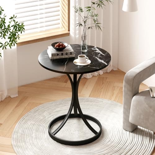 Image of Homullel Round Side Table, Vintage Small Round End Table, Accent Sofa Side Table Corner Coffee Table for Living Room, Bedroom Beside Table Nightstand (Black Marble)
