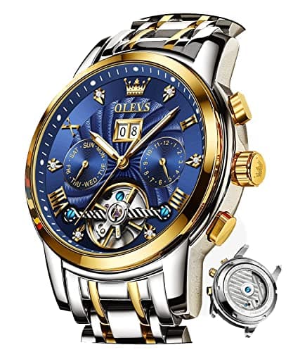 Image of OLEVS Men Automatic Watch Skeleton 5 Hands Mechanical Blue Watch Classic Luxury Multi Calendar Stainless Steel Waterproof Wrist Watch for Men