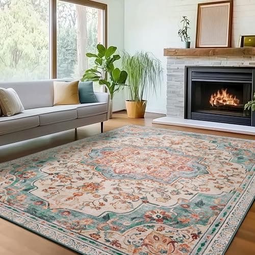 Image of SONGMICS HOME Area Rug, 160 x 230 cm Rug for Bedroom, Non-Slip Carpet, Traditional Vintage Style, Home Decor, for Living Room, Kitchen, Dining Room, Machine Washable, Teal Blue TAR033Q01