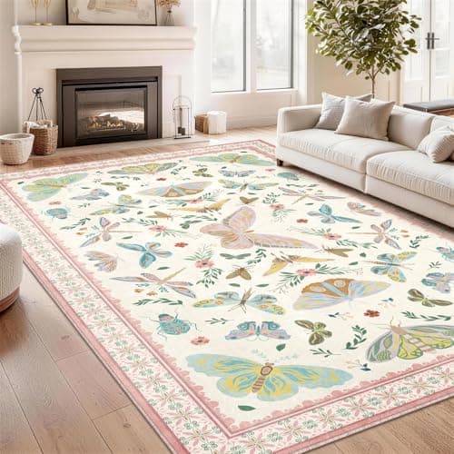 Image of SOANNY Butterfly Rug Living Room, Soft Low Pile Washable Non Slip Area Carpet for Bedroom Kitchen Entryway Beside Sofa Office Dorm, Modern Stain Resistant Mat Floor Decor, 120x160 cm, Beige Pink