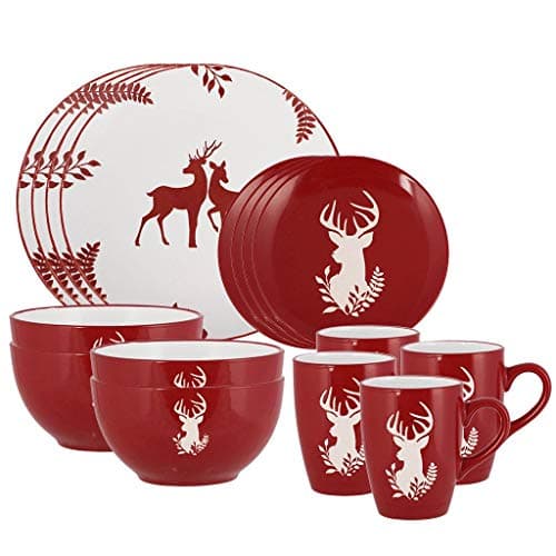 Image of Christmas Crockery 16 Pc Christmas Dinner Set Dishwasher/Microwave Safe Red & White Hand Painted Stoneware Crockery Dinner Service for 4 - Four Place Settings of Mug, Bowl, Side Plate & Dinner Plate