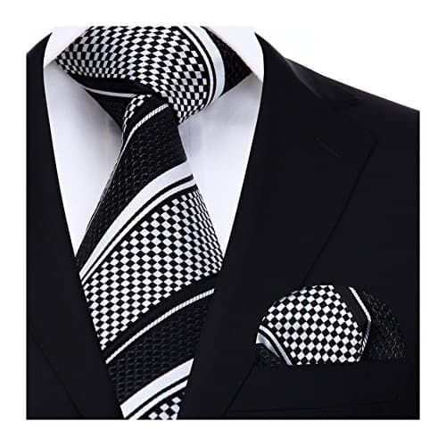 Image of HISDERN Striped Wedding Tie Handkerchief Men's Necktie & Pocket Square Set (Black & White), Black / White, One size