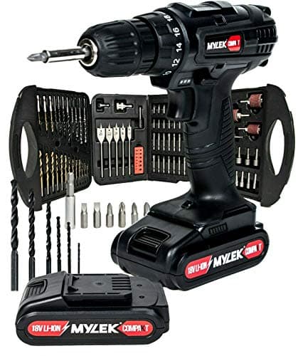Image of MYLEK 18V Li-ion Cordless Drill Driver Set 131 Piece Combi Accessory Kit - LED Worklight (131 Piece Drill Set & 2 Batteries, Black)