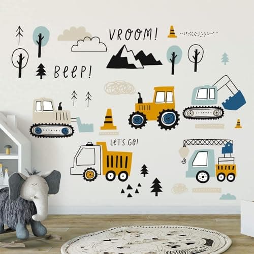 Image of Mulaibdin 74 Pcs Digger Tractor Wall Stickers, Nursery & Kids Wall Stickers, Wall Sticker for Bedrooms, Boys Room Decor, Truck Excavator Sticker for Toddlers, Construction Vehicles Sticker