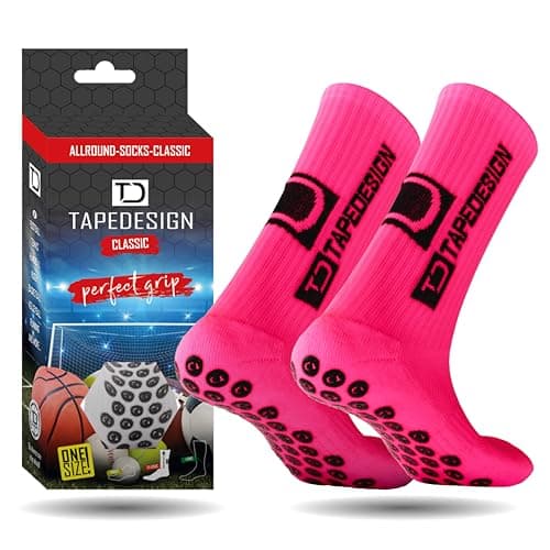 Image of Tapedesign - "Classic 1 Pair Non-Slip Football Grip Socks Neon-Pink (Size 5-14) Men, Women & Kids - Soccer Socks for Adults & Youth (Unisex) - Anti-Slip Sport Socks for Basketball, Tennis & Running