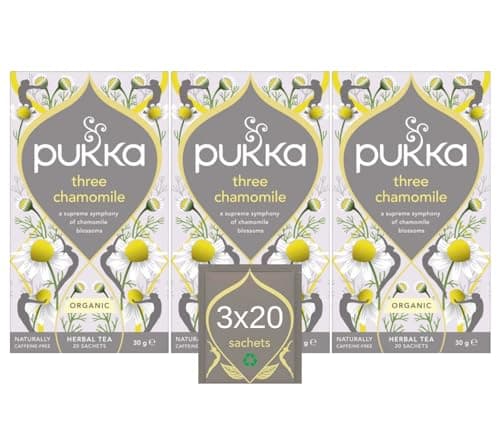 Image of Pukka Herbs | Three Chamomile Organic Herbal Tea Box | Infusion With African, Egyptian & European Chamomile | Perfect For Calming | Caffeine Free | 3 Packs | 60 Plant Based Biodegradable Tea Bags