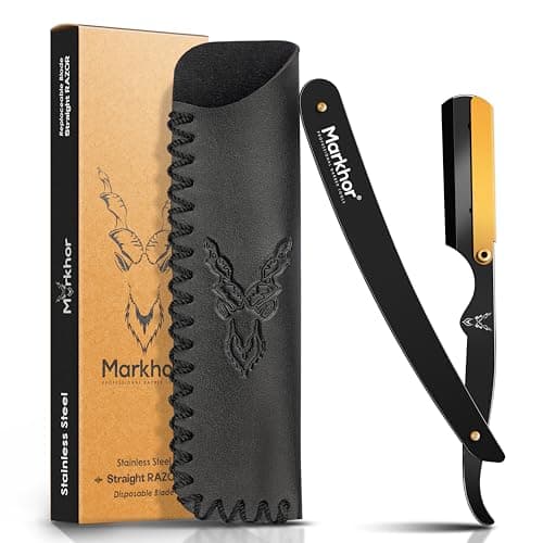 Image of Markhor® Matte Black with 24K Gold Plated - Cut Throat Razor Kit – Mens Straight Razor, Barber-Grade Cutthroat Razor, Professional Straight Edge Beard Razor for a Clean & Precise Shave