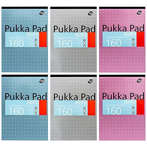 Image of Pukka Pad, A4 Refill Notepad – 160 Pages of Premium Quality Paper - 80GSM, with Feint Ruled 8mm Lines and Margin – Tape Head Bound with 4-Holepunch – 29.7 x 21cm – Pack of 6, Assorted Colours