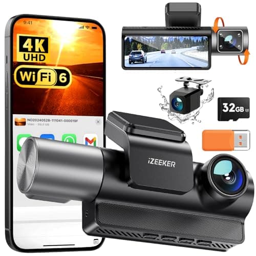 Image of iZEEKER 3-Channel 4K Dash Cam with FREE 32GB Card, 4K+1080P+1080P Front & Rear & Interior Dashcam with WDR, IR Night Vision, WiFi 6, 170° Wide Angle, Loop Recording, G-Sensor, 24H Parking Mode