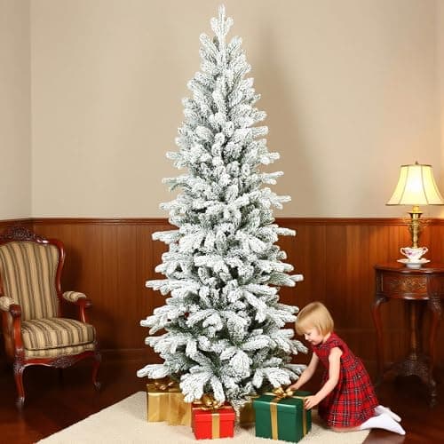 Image of HOMCOM 7ft Flocked Christmas Tree, Hinged Pencil Christmas Tree with 972 Tips, Realistic Branches, Easy Assembly, Slim Shape, Artificial Xmas Home Decoration, Green White