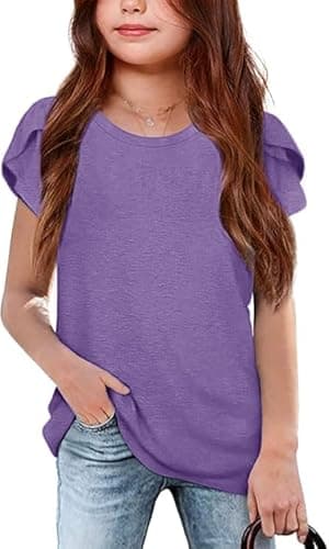Image of Haloumoning Girls' T-Shirts Summer Short Sleeve Tops Casual Crew Neck T-Shirt Cute Plain Tops Purple 9-10 Years