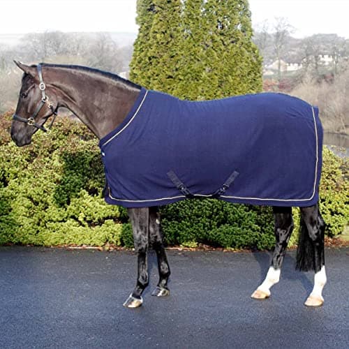 Image of Harry Hall Masta Horse Fleece Stable Rug - Protective Super Soft Sheet for Horses - Equestrian Show Travel Blanket - Breathable Anti-Rub lining - Navy Blue, Size 4ft 6inch