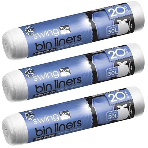 Image of Extra Strong Swing Bin Liners with Tie Handles 3 Rolls x 20 Bags 50L White Plastic Bin Bags Leakproof Bin Bag 89 cm x 120cm 60 bags