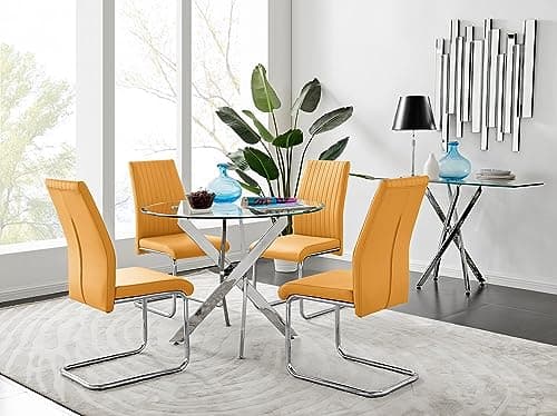 Image of Furniturebox UK Novara Chrome Metal Round Glass Dining Table And 4 Mustard Lorenzo Dining Chairs