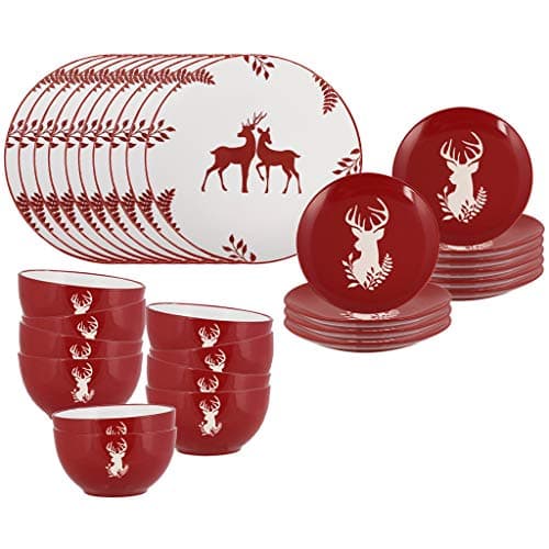 Image of 30 Piece Stoneware Dinner Set - Tableware Service for 10 - Christmas Dinner Plate, Side Plate & Bowl