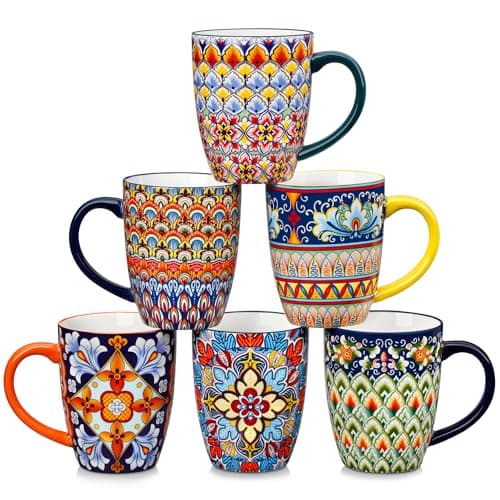 Image of vancasso SIMI Mugs Set, 16oz/480ml Porcelain Coffee Mug Set of 6, Bohemian Style Tea and Coffee Cups with Handle, Microwave & Dishwasher Safe, Suitable for All Kinds of Drinks