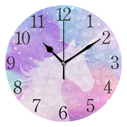 Image of AABAO Unicorn Glitter Rainbow Round Wall Clock, Silent Non Ticking Oil Painting for Bedroom Living Room Office School Home Decor