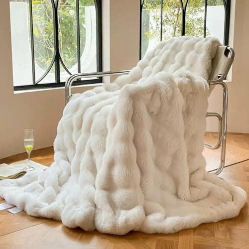 Image of DREAMLANDING Faux Rabbit Fur Luxury Plush Sherpa Throw Blanket Reversible Fuzzy Warm Cozy Fluffy Fur Blanket for Bed Sofa Couch Home Decor (Cream, 150 * 200cm)