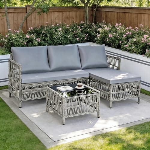 Image of rattanstar Outdoor Rattan Garden Furniture Sets, 4-Seater L-Shaped Sectional Corner Sofa Set, Patio Furniture Set with Chaise Lounge, Loveseat, Glass Coffee Table for Balconies Terraces Backyards