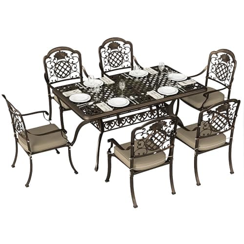 Image of Outsunny 7 Pieces Garden Dining Set, Cast Aluminium Outdoor Table and Chairs Set with Cushions, Outdoor Garden Furniture Set with Parasol Hole for Patio, Terrace, Bronze Tone